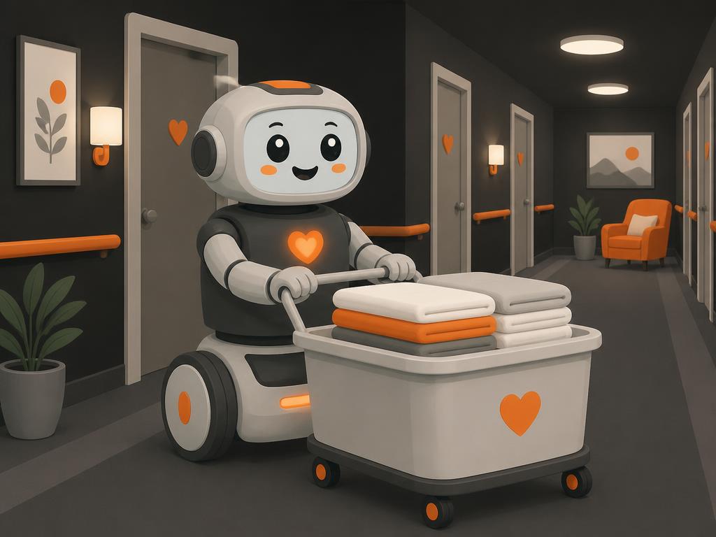 Robot delivering a cart of folded linens down a senior living hallway